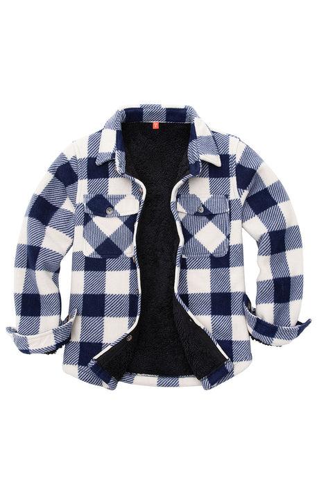 Front view of girls navy white fleece flannel shirt jacket