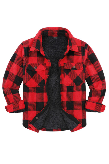 Front view of girls red fleece flannel shirt jacket