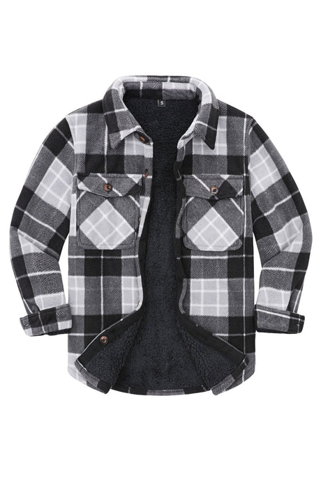 Front view of girls black/grey fleece flannel shirt jacket