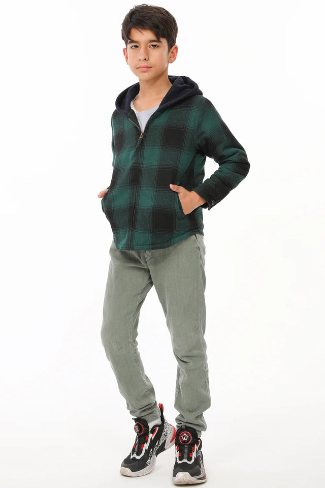 A boy in green toddler warm zipper plaid flannel hoodie