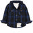 Front view of night blue toddler sherpa lined snap flannel hoodie