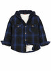 Front view of night blue toddler sherpa lined snap flannel hoodie