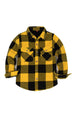 Front view of boys yellow black flannel shirt jacket