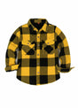 Front view of boys yellow black flannel shirt jacket