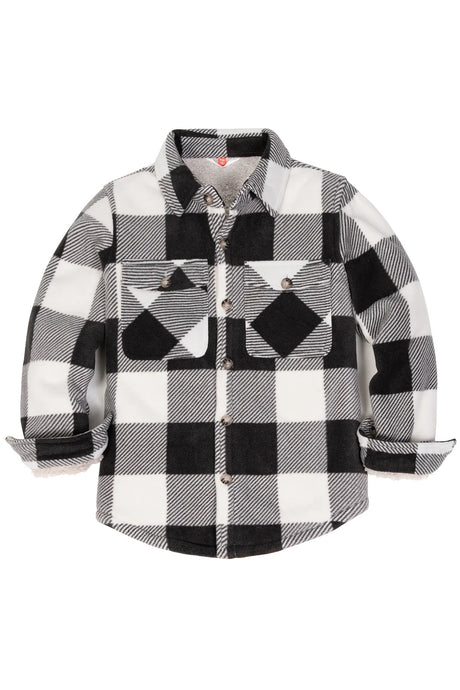 Front view of boys black white flannel shirt jacket