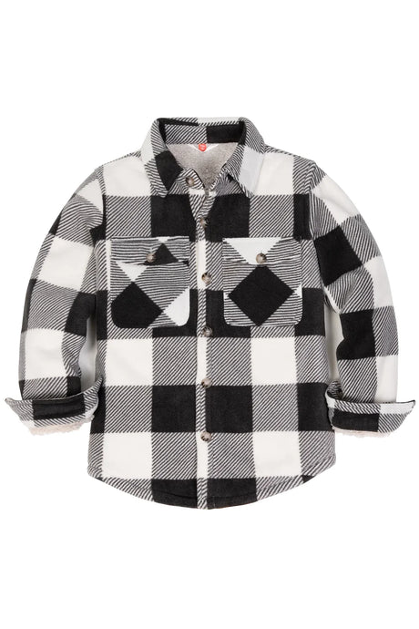 Front view of girls black white fleece flannel shirt jacket