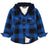 Front view of kids fleece-lined midnight blue flannel jacket