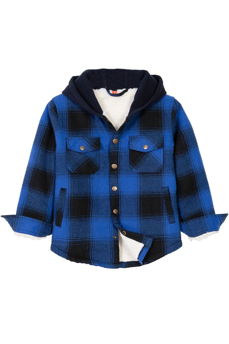 Front view of kids fleece-lined midnight blue flannel jacket