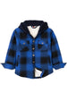 Front view of midnight blue toddler sherpa lined snap flannel hoodie