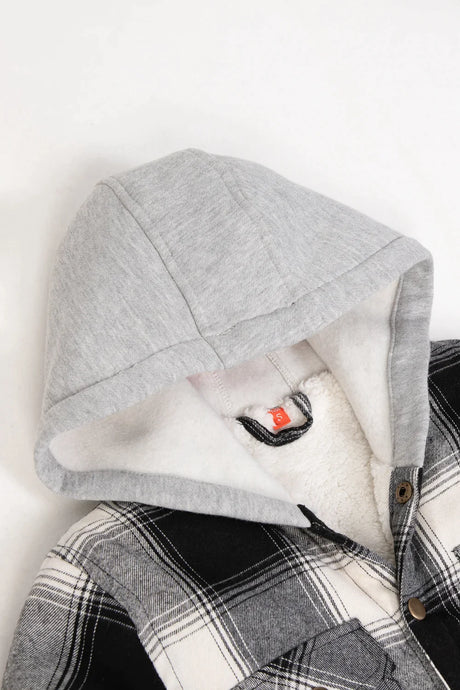 Detail of boys and girls midnight black flannel jacket with cozy hood