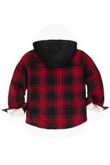 Back view of red toddler zipper plaid flannel hoodie