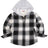 Front view of black white toddler full zip plaid flannel hooded