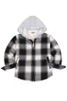 Front view of black white toddler full zip plaid flannel hooded