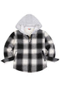 Front view of kids black white sherpa lined hooded flannel jacket