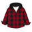 Front view of kids red sherpa lined hooded flannel jacket