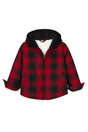 Front view of kids red sherpa lined hooded flannel jacket