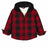 Front view of kids red sherpa lined hooded flannel jacket