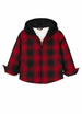 Front view of kids red sherpa lined hooded flannel jacket