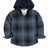 Front view of deep blue toddler full zip plaid flannel hooded