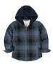 Front view of deep blue toddler full zip plaid flannel hooded