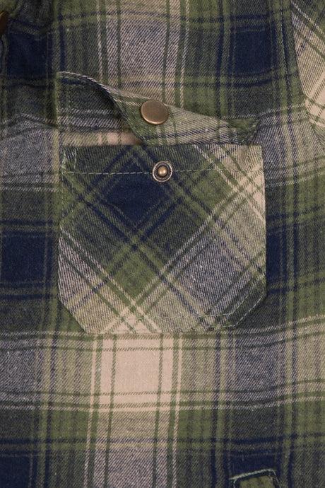 Close-up of the pocket of tea green toddler sherpa lined snap flannel hooded