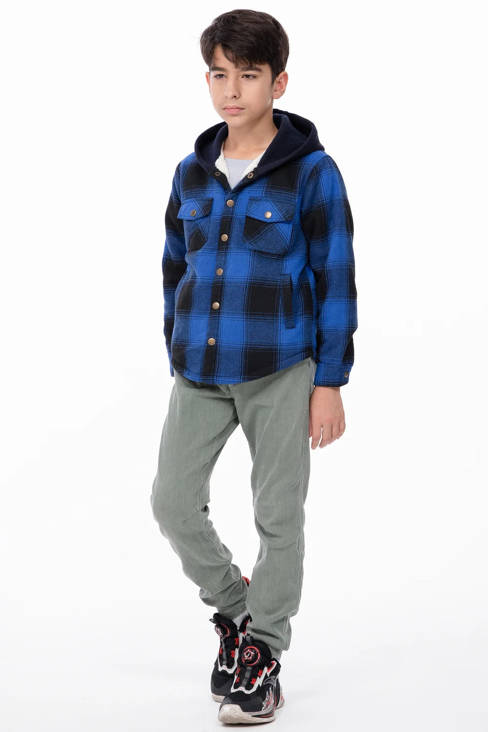 Kids Boys and Girls Fleece-Lined Snap Flannel Shirt,Hooded Plaid Jacke