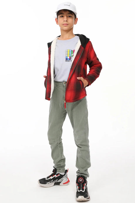 Boy in kids red black sherpa-lined hooded flannel jacket