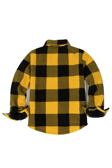 Back view of girls yellow black fleece flannel shirt jacket