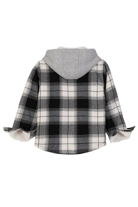 Front view of kids arctic storm sherpa lined flannel jacket with hood