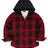 Front view of red toddler full zip plaid flannel hooded