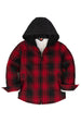 Front view of red toddler full zip plaid flannel hooded