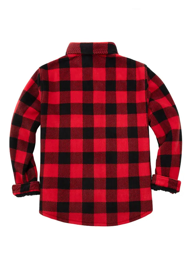 Back view of red men's cozy plaid sherpa lined shirt jacket