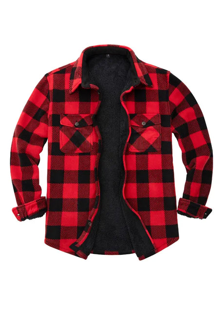 Front view of red men's plaid sherpa lined shirt jacket