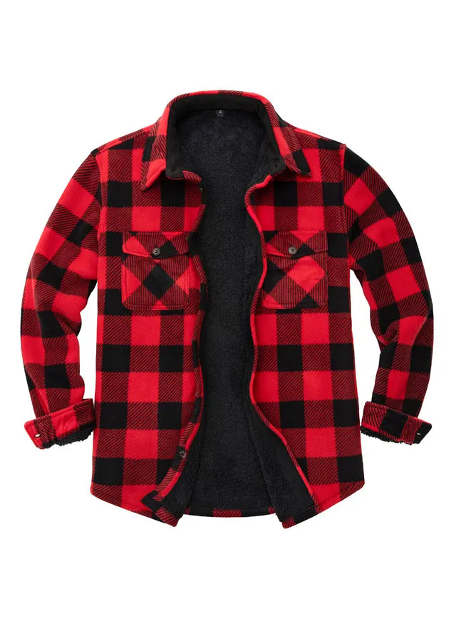 Front view of red men's plaid sherpa lined shirt jacket