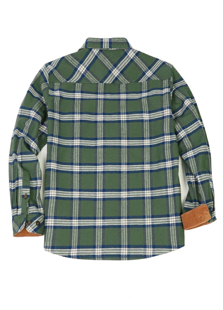 Back view of hunter green men's timberline midweight cotton flannel shirt 