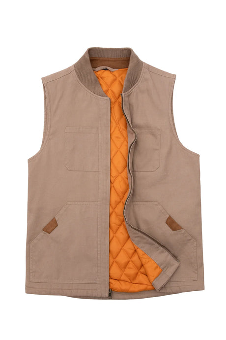 Front view of dark khaki men's quilted lined washed outdoor vest 