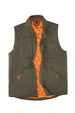 Front view of army green men's quilted lined washed outdoor vest