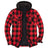 Front view of checkered red men's zipper flannel shirt jacket with hood 