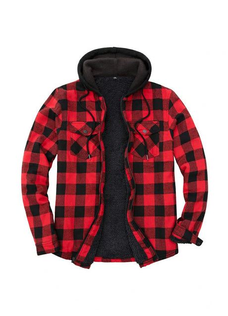 Front view of checkered red men's zipper flannel shirt jacket with hood 