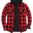 Front view of checkered red men's zipper flannel shirt jacket with hood 