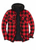 Front view of checkered red men's zipper flannel shirt jacket with hood 