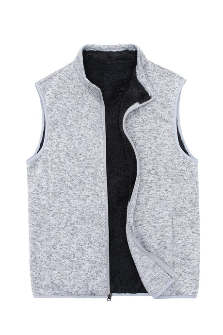 Front view of light grey men's sweater fleece vest 