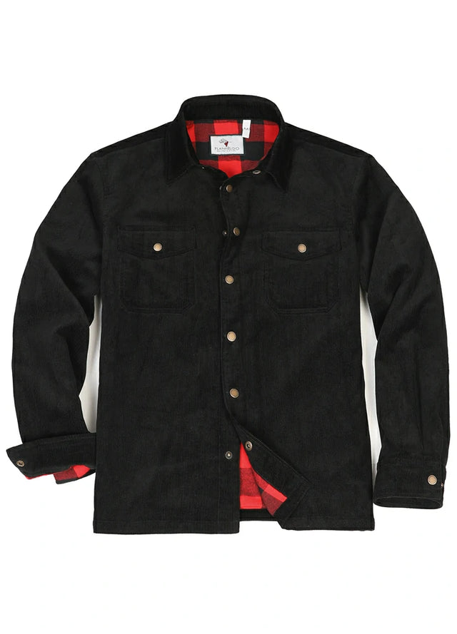 Front view of men's black flannel lined corduroy shirt jacket buttoned