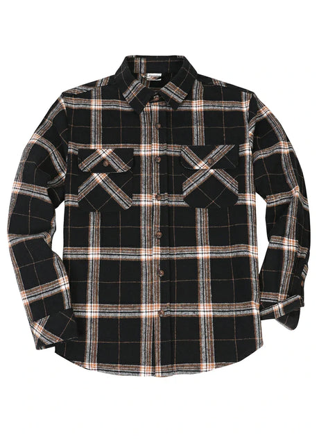 Front view of button closed dark chocolate men's cozy stalwart heavyweight flannel shirt