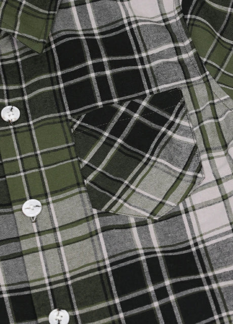 Close-up of pocket detail on kids button-up short sleeve shirt