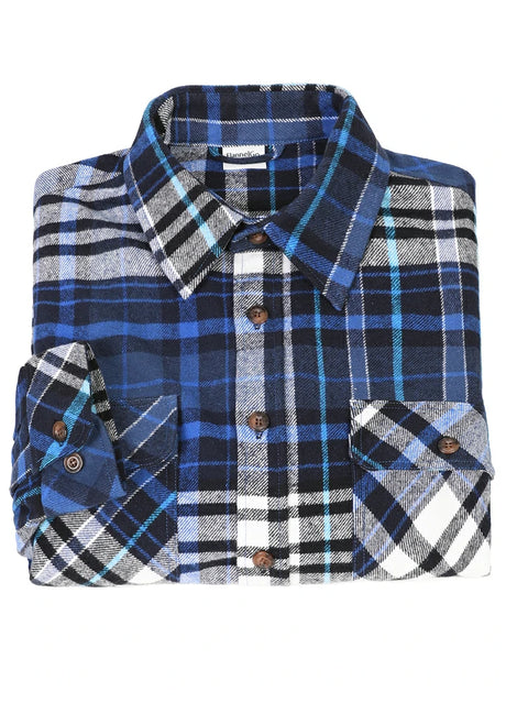 A high view of a folded royal blue men's stalwart heavyweight cotton plaid shirt