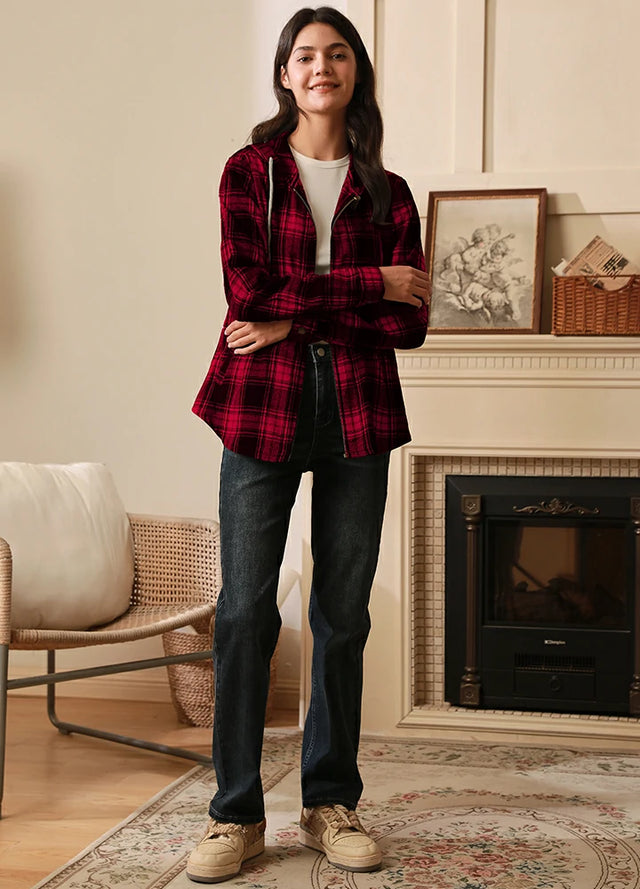 Women's Hooded Plaid Brushed Flannel Shirt, Full Zip Flannel Hoodie