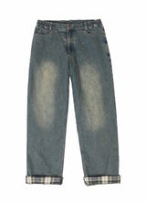 Front view of men's vintage blue straight leg flannel lined jeans