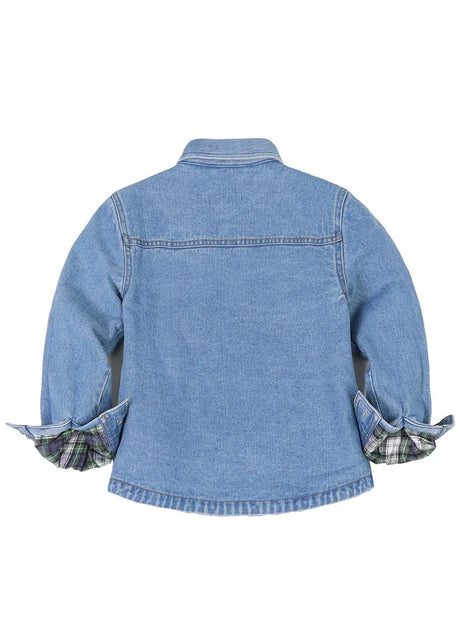 Back view of kids light blue flannel lined jean shacket