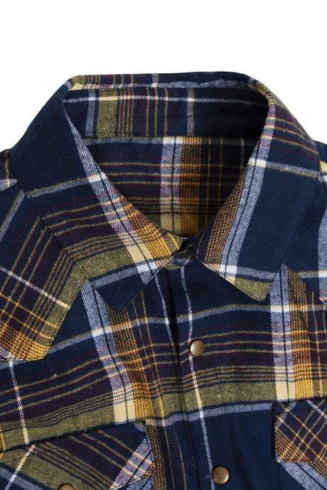 Close-up of the lapel of electric navy men's snap front plaid flannel shirt 